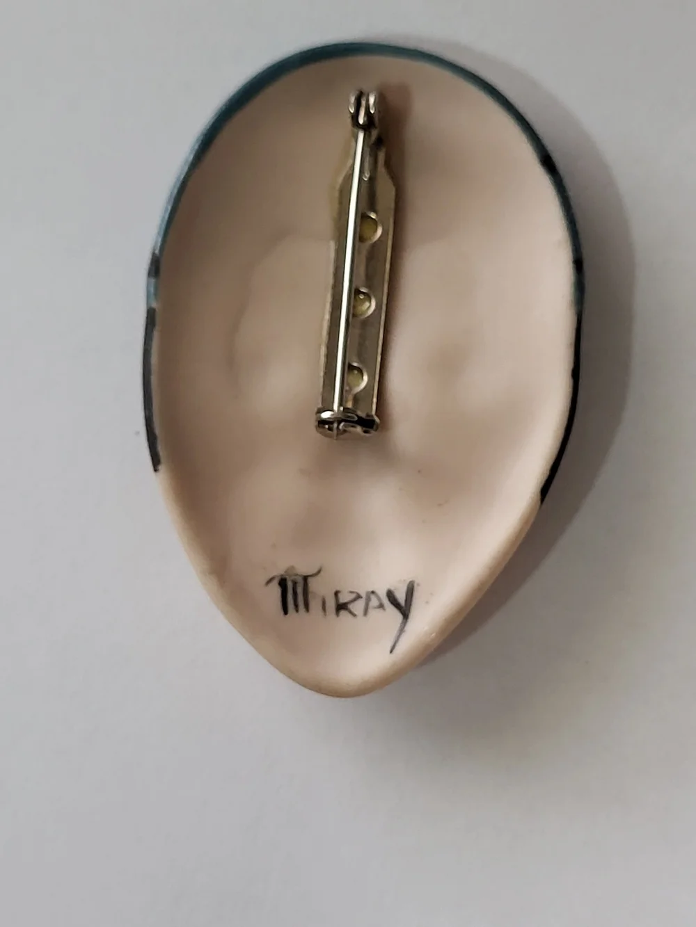 Vintage Hahdmade Porcelain Face Brooch with Gold Butterfly Accent  Made By Miray